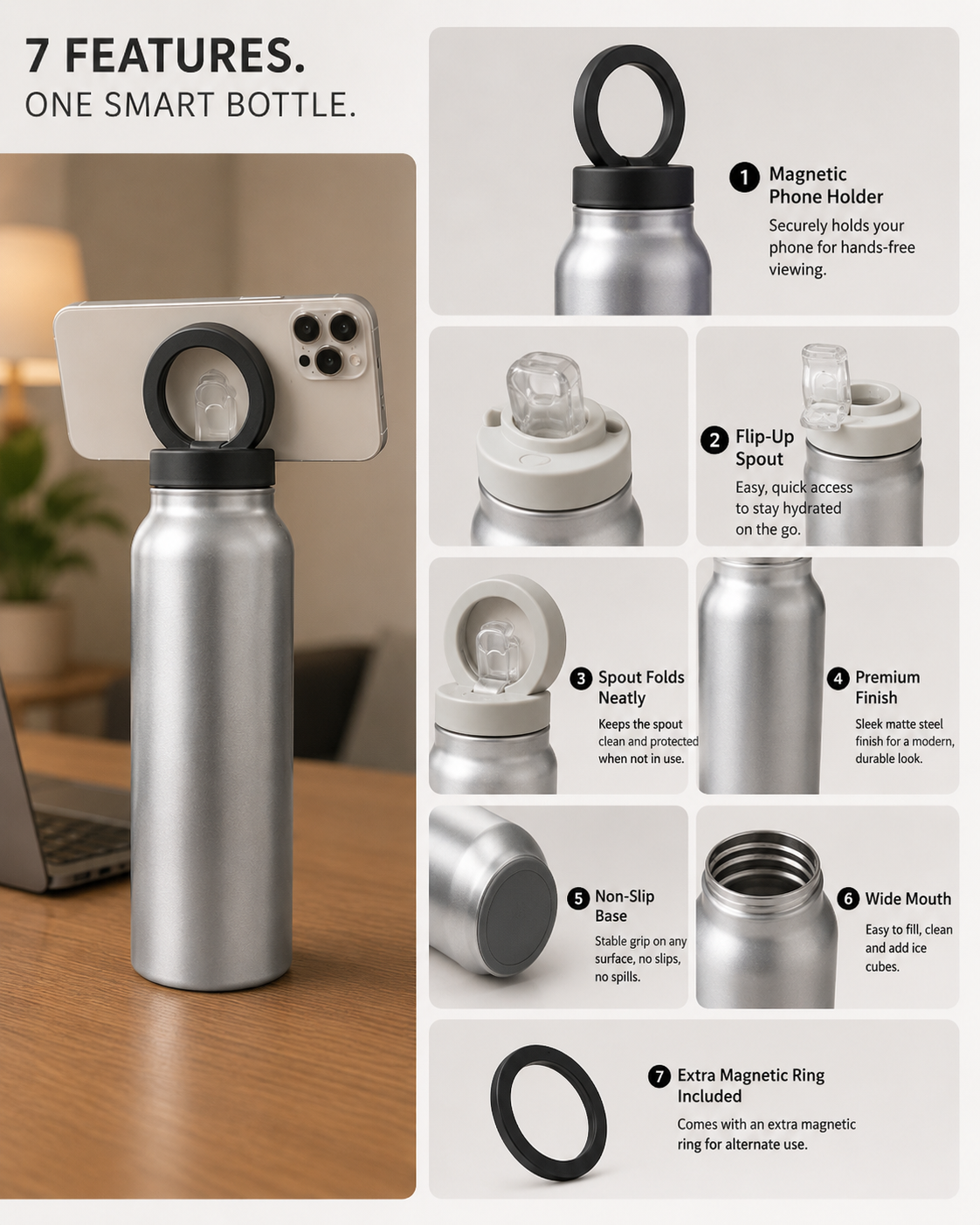 Lumaen Orbit | Flip-Spout Bottle With Magnetic Phone Holder